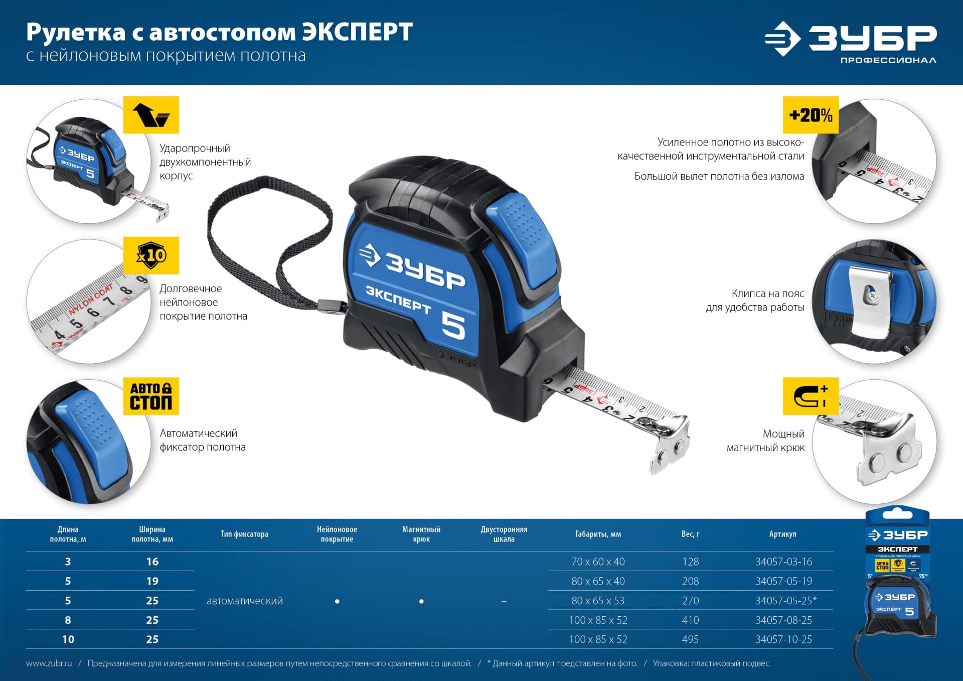 Рулетка с автостопом ЭКСПЕРТ, 5 м х 19 мм, Профессионал