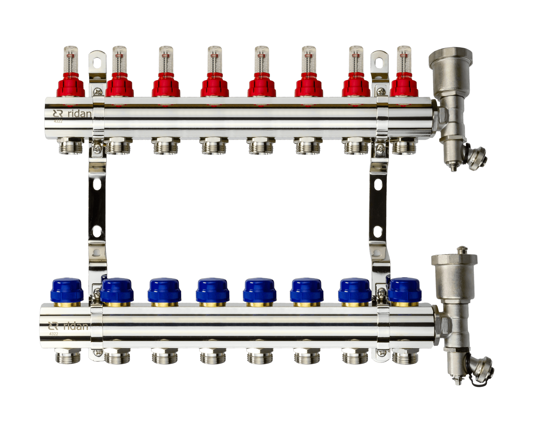 Коллекторная группа FHF-8RF set 8 контуров 1'x3/4' с расходомерами, воздухоотводчиками и кронштейнами
