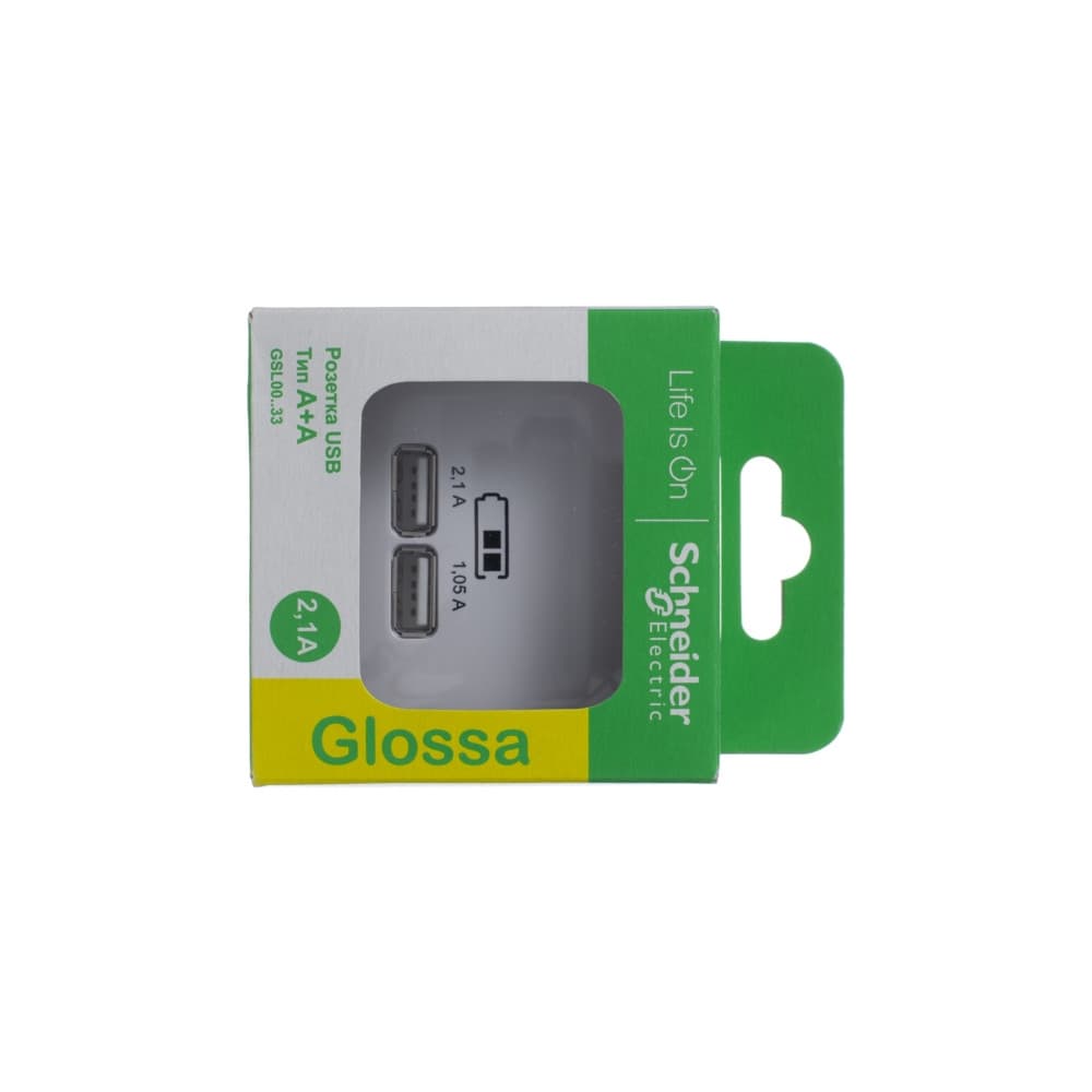 Розетка GLOSSA USB A+A 5В/2100мА 2х5В/1050мА механизм белый