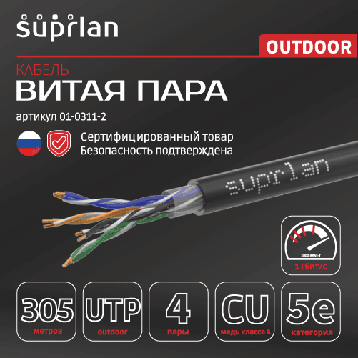 Витая пара U/UTP кат 5e 4x2x0.51 Premium Cu PE OUT 305м