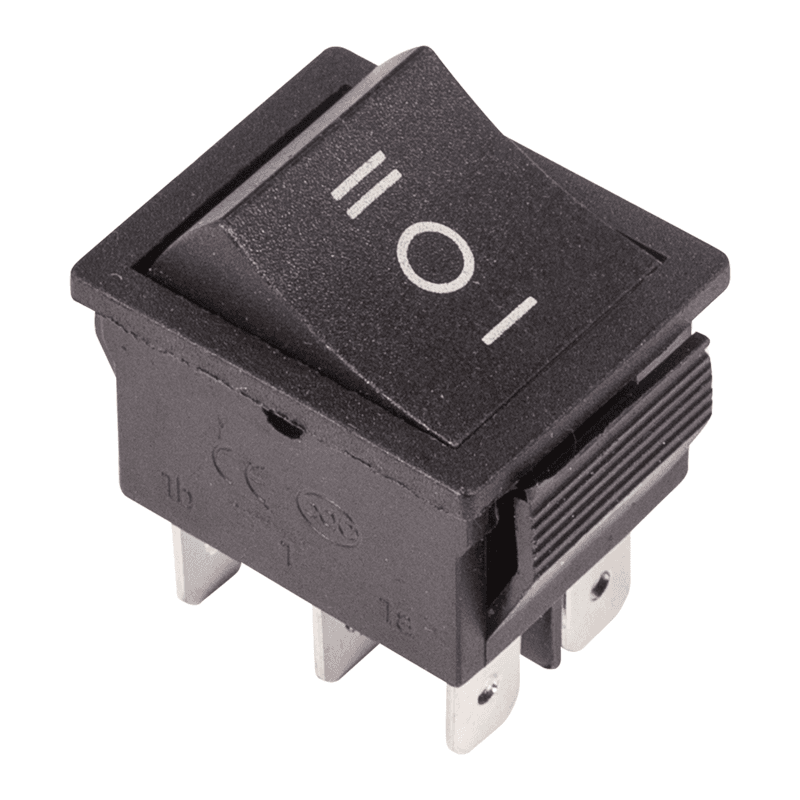 Выключатель клавишный 250V 15А (6c) ON-OFF-ON черный с нейтралью