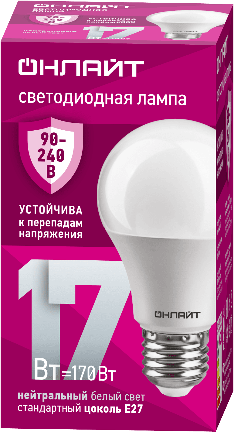 Лампа светодиодная 17 Вт OLL-A60-17-230-4K-E27 PRO 90-240В
