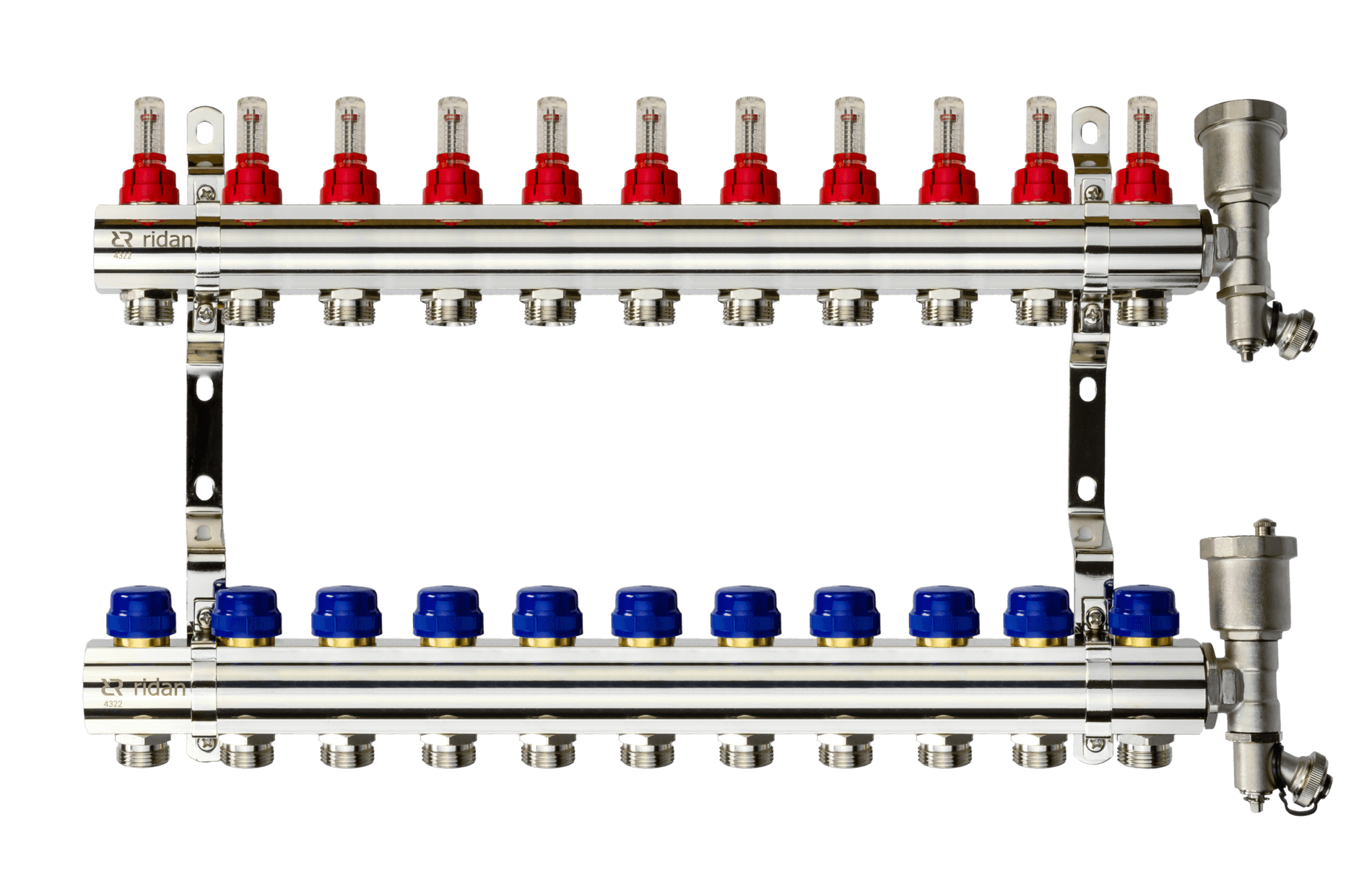 Коллекторная группа FHF-11RF set 11 контуров 1'x3/4' с расходомерами, воздухоотводчиками и кронштейнами