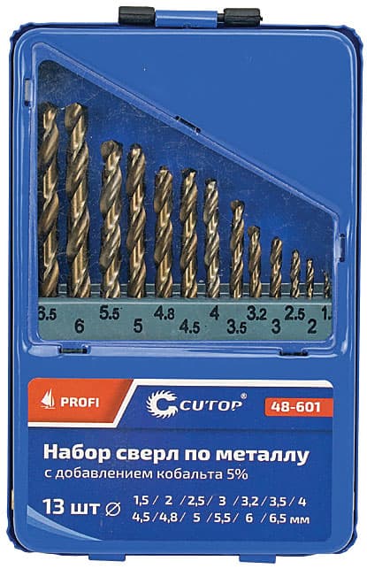 Набор сверл по металлу с кобальтом 5% в металлической коробке, 1.5-6.5 мм (через 0.5мм + 3.2мм, 4.8мм), 13 шт, Cutop Profi