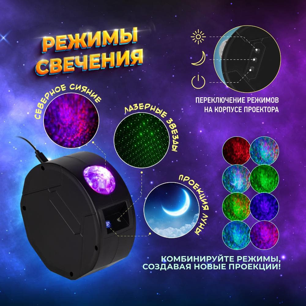 Проектор Ночь, лазерный, динамичный, ПДУ, IP20, USB, 220В EGNDS -ZN
