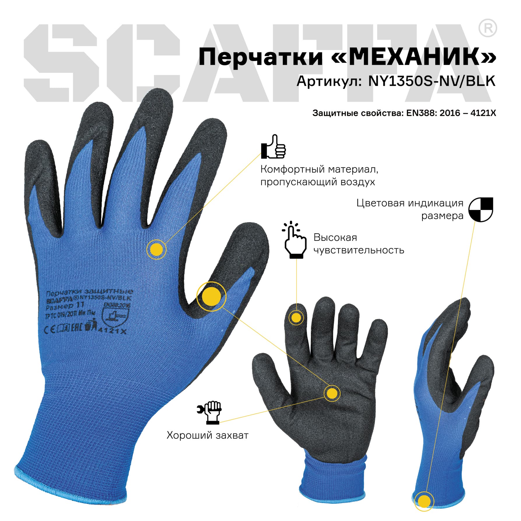 Перчатки МЕХАНИК NY1350S-NV/BLK (нейлоновые с вспененным частичным нитриловым обливом)  размер 11 SCAFFA