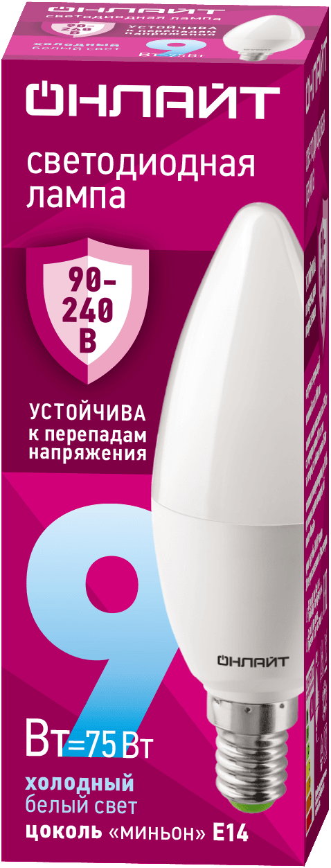 Лампа светодиодная 9 Вт OLL-C37-9-230-6.5K-E14-FR PRO 90-240В