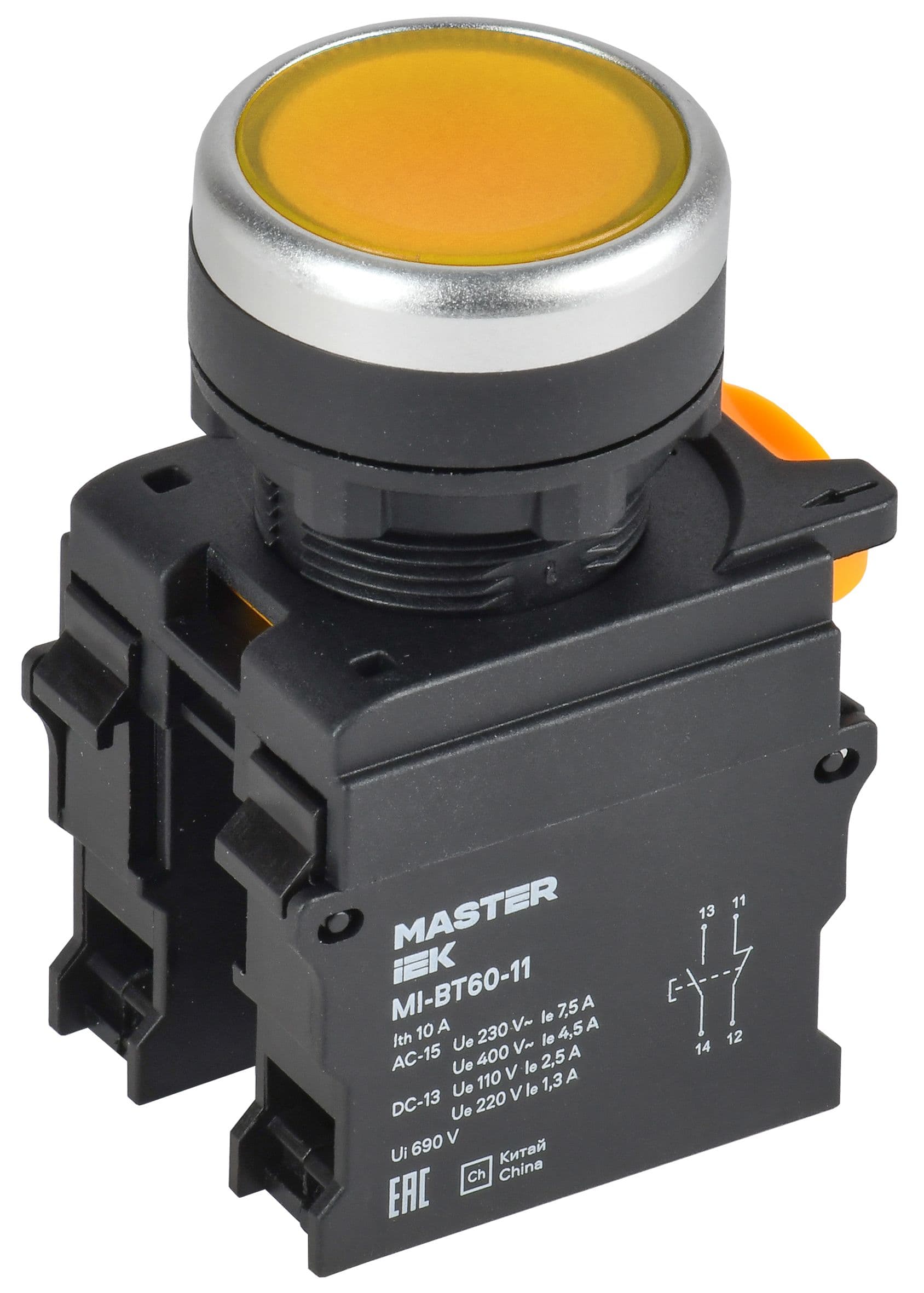 Кнопка d=22мм 1NO+1NC жёлтая MASTER