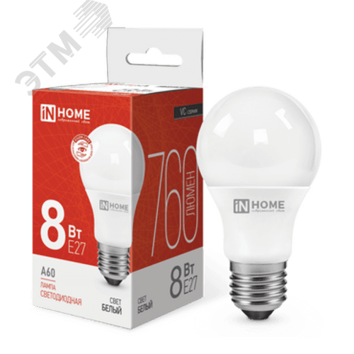 Лампа светодиодная LED-A60-VC 8Вт 230В Е27 4000К 760Лм IN HOME