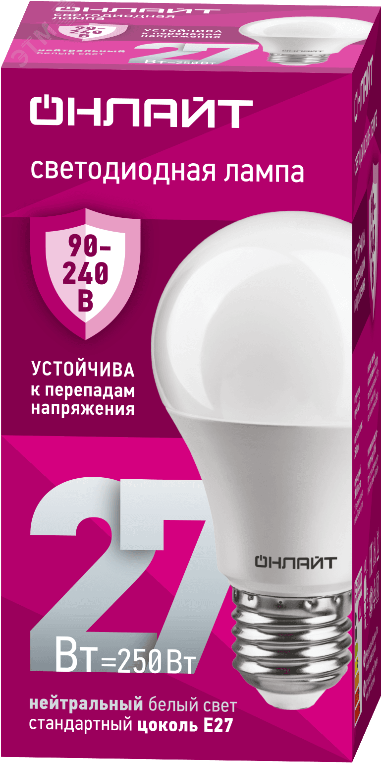 Лампа светодиодная 27 Вт OLL-A60-27-230-4K-E27 PRO 90-240В
