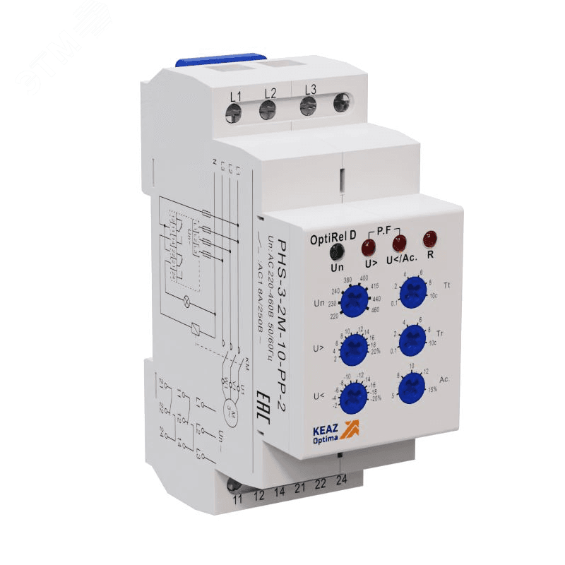 Реле контроля фаз OptiRel D PHS-3-2M-10-PP-2 универсальное трехфазный 2СО
