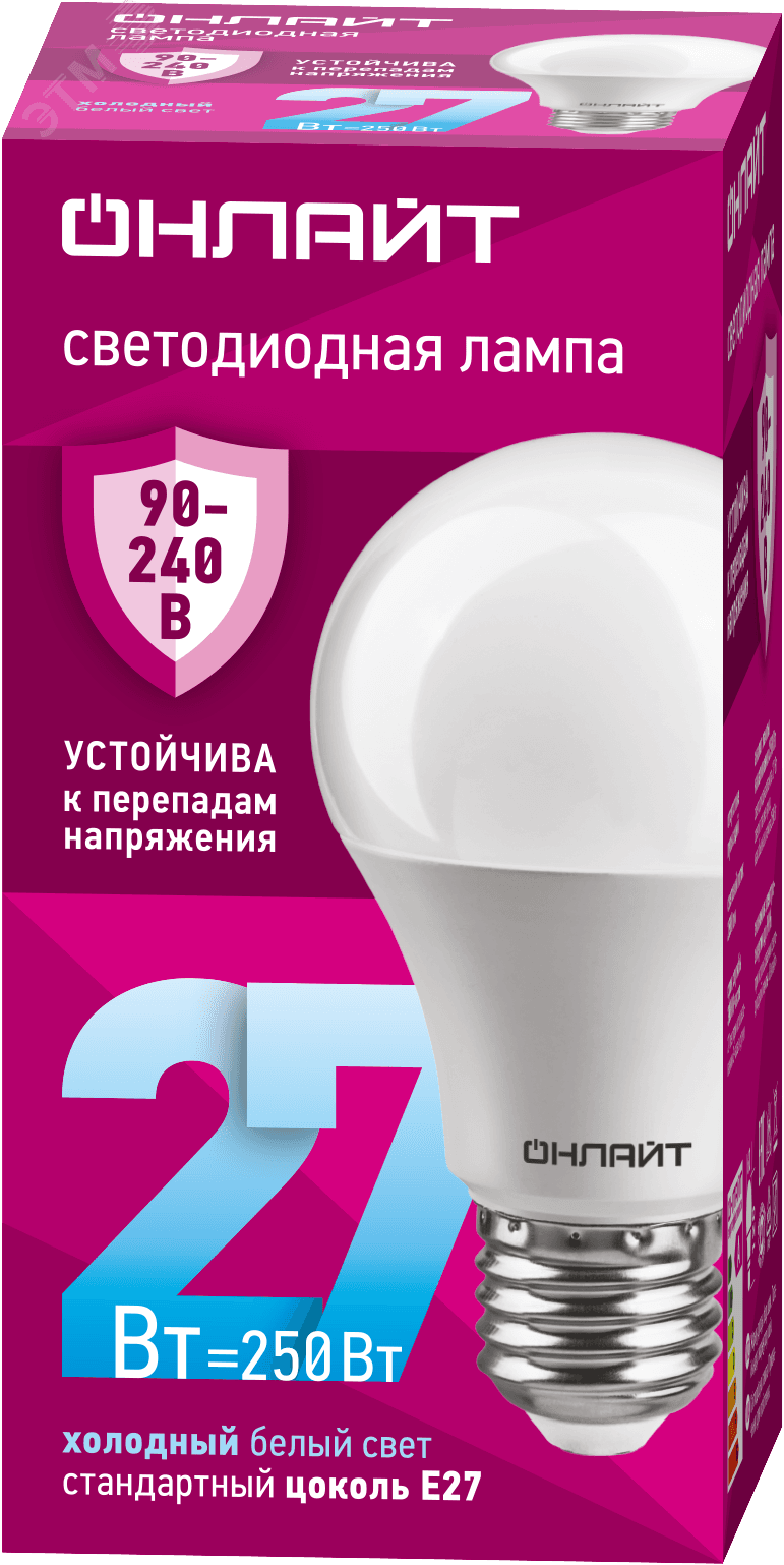 Лампа светодиодная 27 Вт OLL-A60-27-230-6.5K-E27 PRO 90-240В