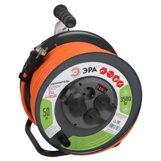 Удлинитель силовой RMx-4es-3x2.5-50m-IP44 на металлической катушке с/з с выключателем 4 розетки 50м ПВС