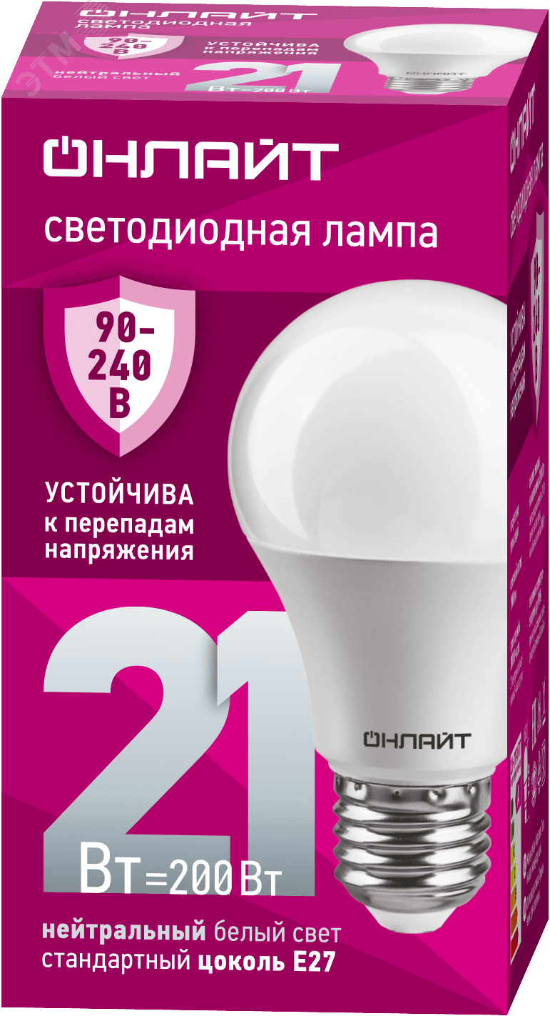 Лампа светодиодная 21 Вт OLL-A60-21-230-4K-E27 PRO 90-240В