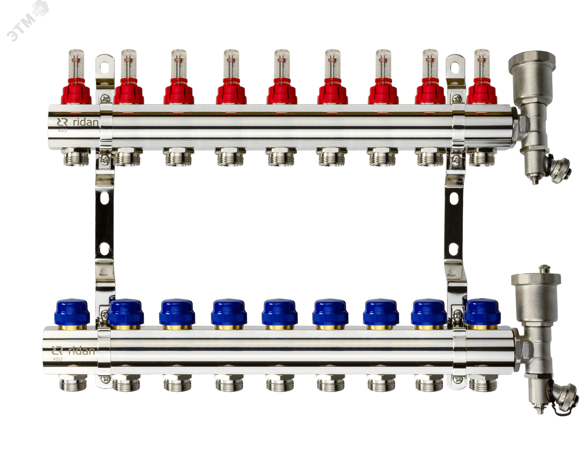 Коллекторная группа FHF-9RF set 9 контуров 1'x3/4' с расходомерами, воздухоотводчиками и кронштейнами