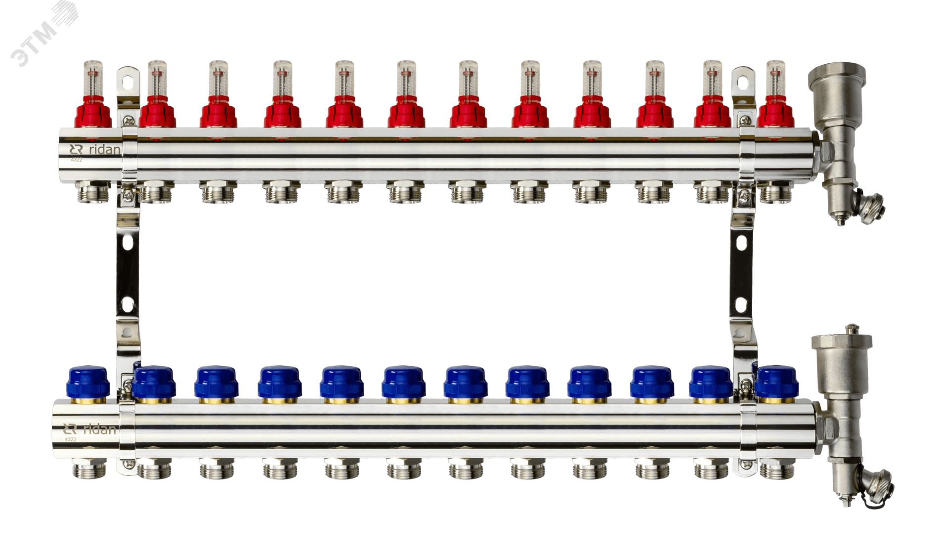Коллекторная группа FHF-12RF set 12 контуров 1'x3/4' с расходомерами, воздухоотводчиками и кронштейнами