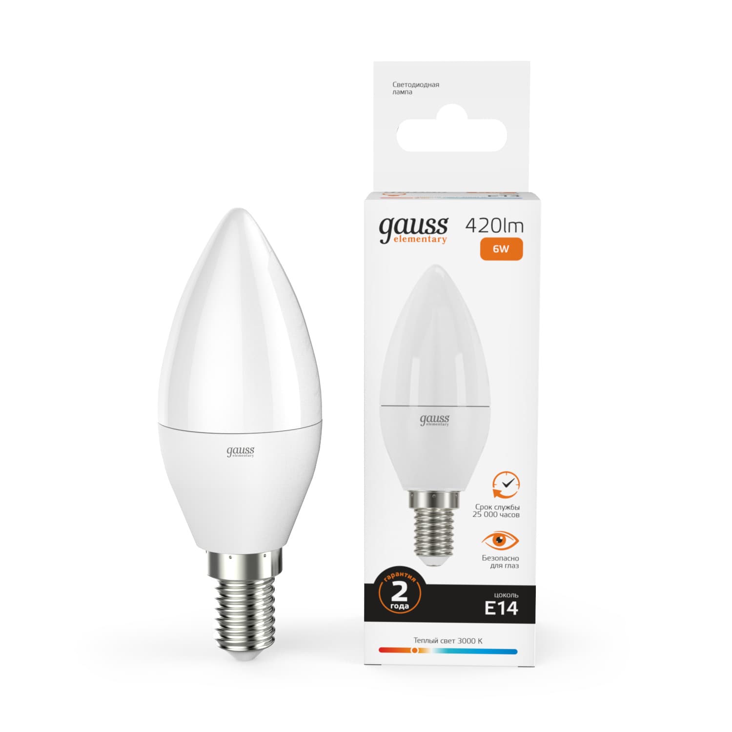 Лампа светодиодная LED 6 Вт 420 лм 3000К свеча теплый E14 AC 220В Elementary
