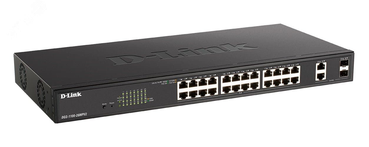 Коммутатор настраиваемый L2 PoE 26 портов, 24хPoE 10/100/1000 Мб/с, 2хRJ45/SFP+, 370 Вт