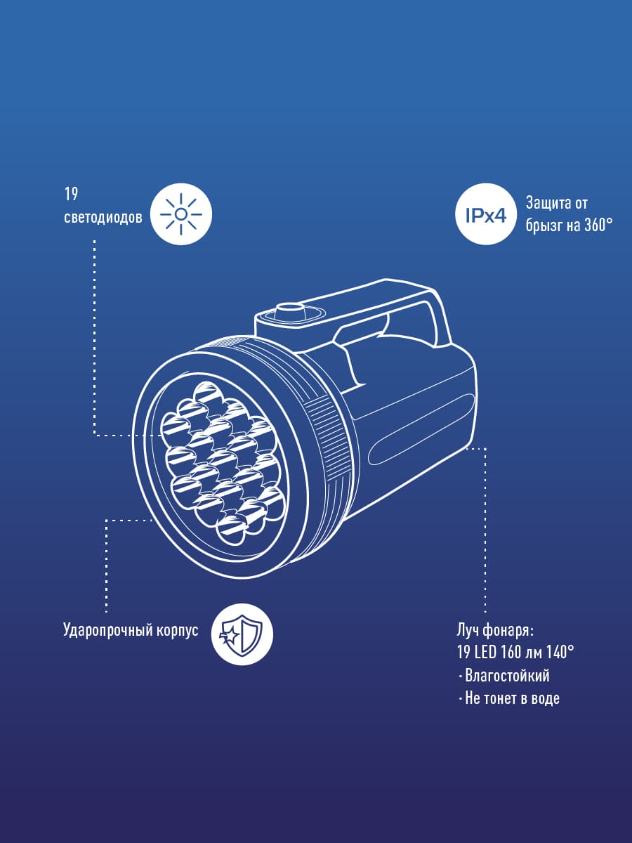 Фонарь-прожектор , 19 LED, 4 батарейки D, 190 lm,