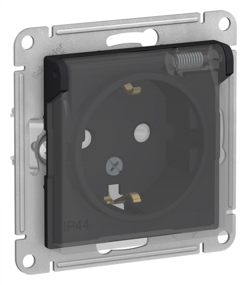 ATLASDESIGN AQUA РОЗЕТКА с заземлением со шторкамис прозрачной крышкой, 16А, IP44, механизм, КАРБОН