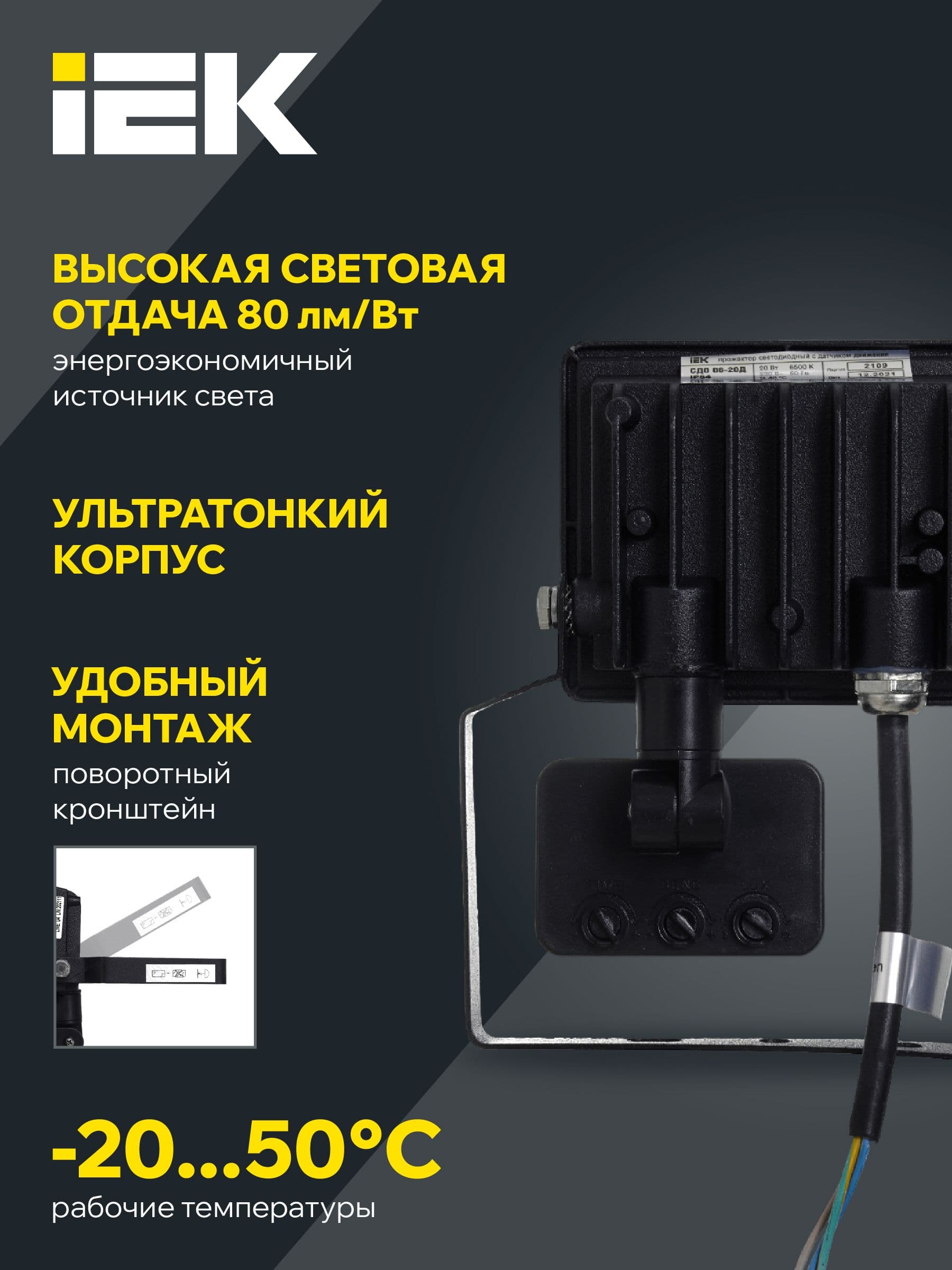 Прожектор СДО 06-20Д светодиодный черный с ДД IP54 6500K