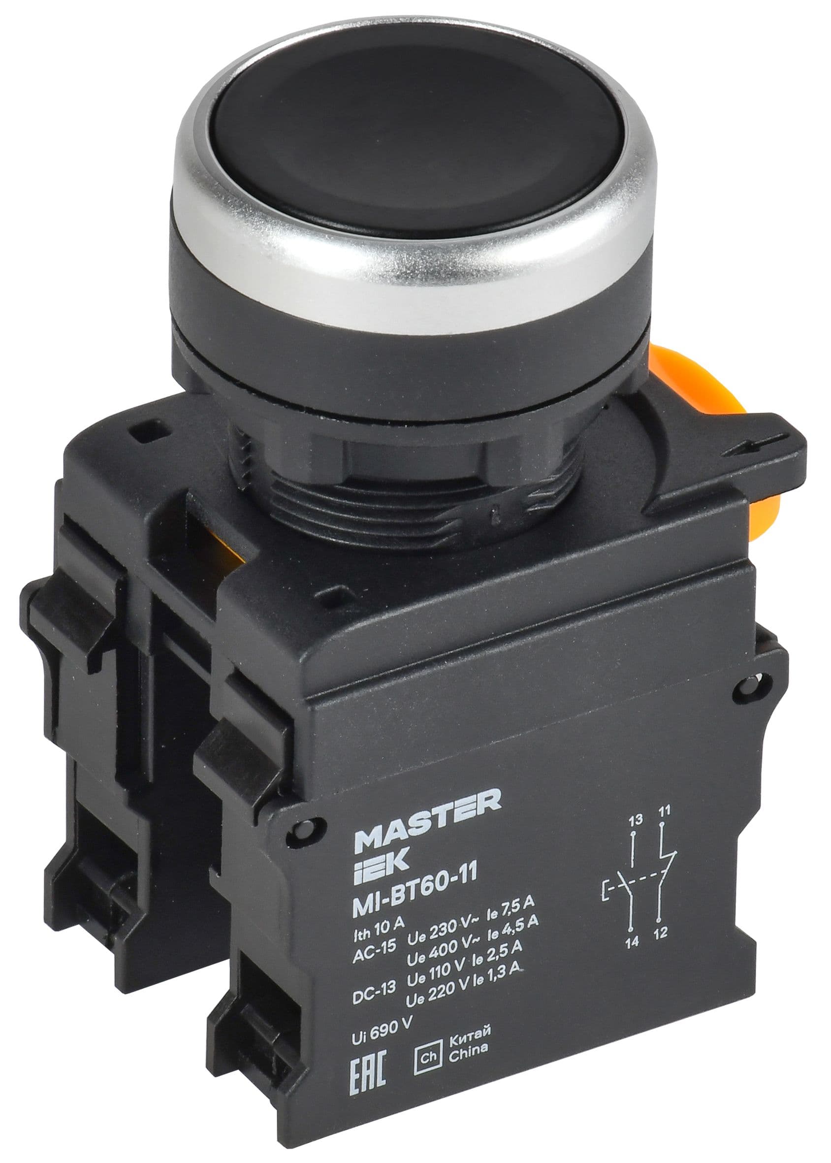 Кнопка d=22мм 1NO+1NC чёрная MASTER