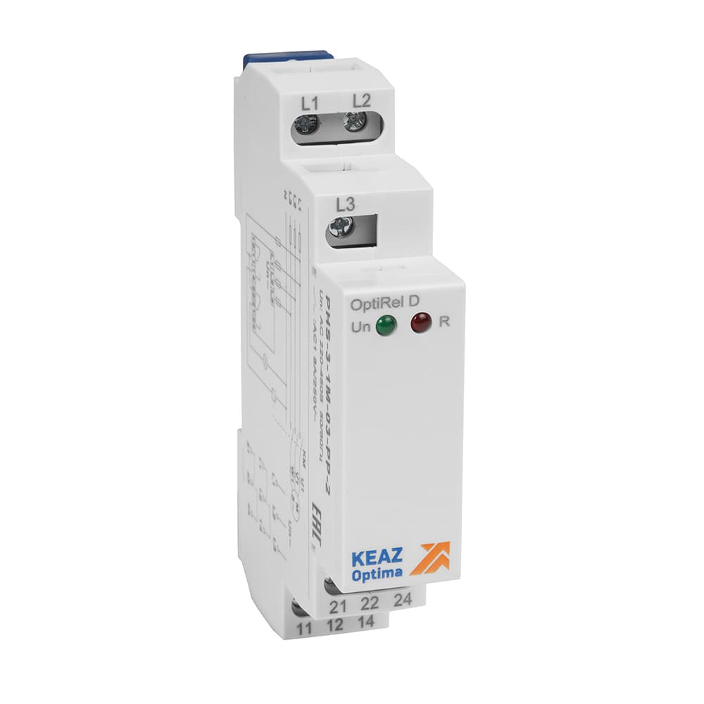 Реле контроля фаз OptiRel D PHS-3-1M-03-PP-2 чередования обрыва фаз трехфазный 2СО