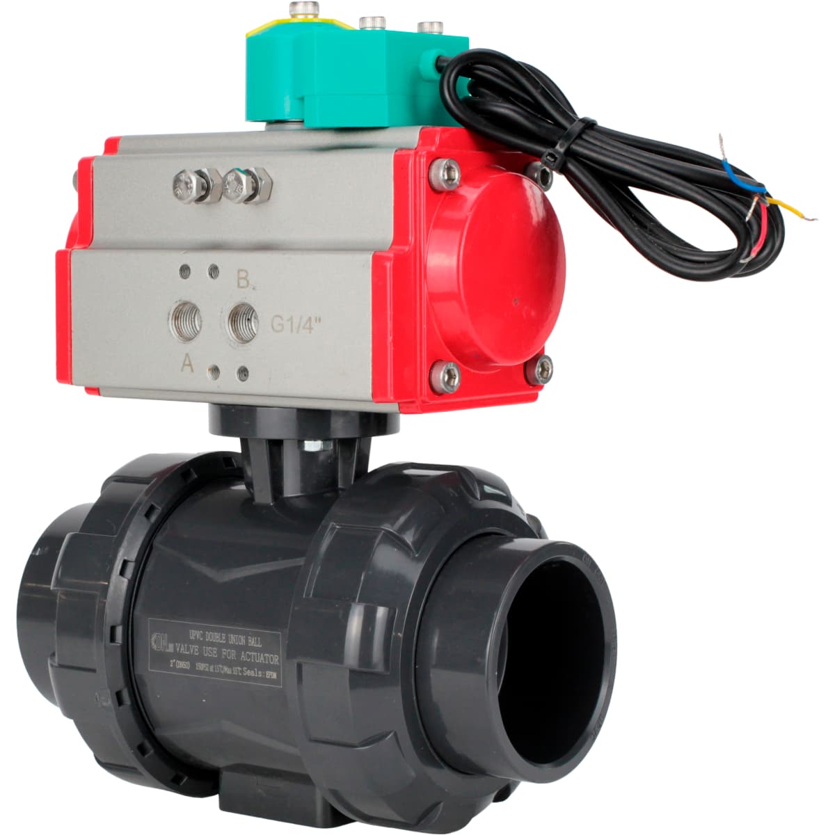 Кран шаровой НПВХ-НПВХ-E-FP-GRM-ISO Дн100 Ру10 полнопроходной, корпус НПВХ, шар НПВХ, уплотнение EPDM, с пневмоприводом SA-083 и магнитным переключателем МППП-200