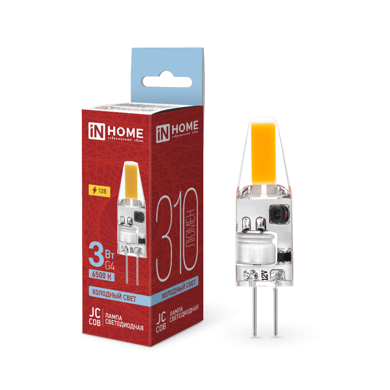 Лампа светодиодная LED-JC-COB 3Вт 12В G4 6500К 310Лм IN HOME