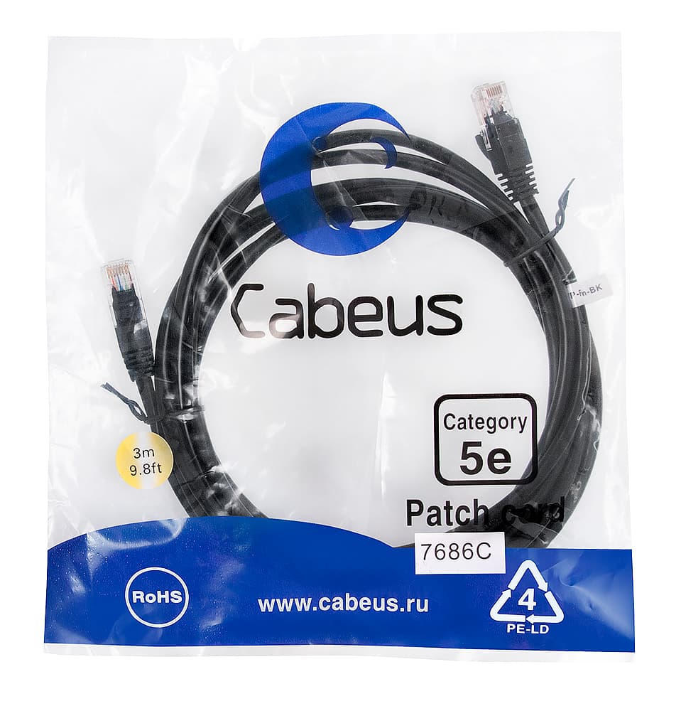 Патч-корд U/UTP, категория 5е, 2xRJ45/8p8c, неэкранированный, черный, LSZH, 3м