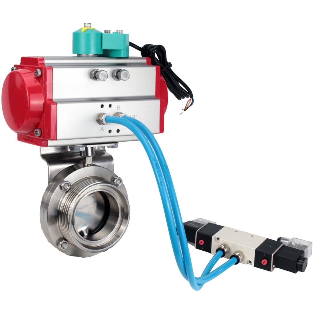 Затвор дисковый поворотный 304-304-Sil-2W-T-H Ду20 Ру10 резьбовой, корпус пищевая нержавеющая сталь 304, Silicon, с пневмоприводом SA-065, пневмораспределителем PND2-S1EM-52-1NC-J08-24VDC NAMUR и магнитным переключателем МППП-200