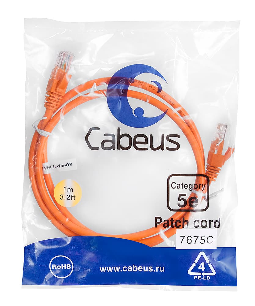 Патч-корд U/UTP, категория 5е, 2xRJ45/8p8c, неэкранированный, оранжевый, PVC, 1м
