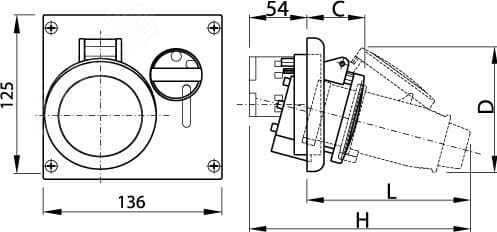 Розетка скрытой установки IP44 16А 3P+E 400В с механической блокировкой и верхним расположением разъема