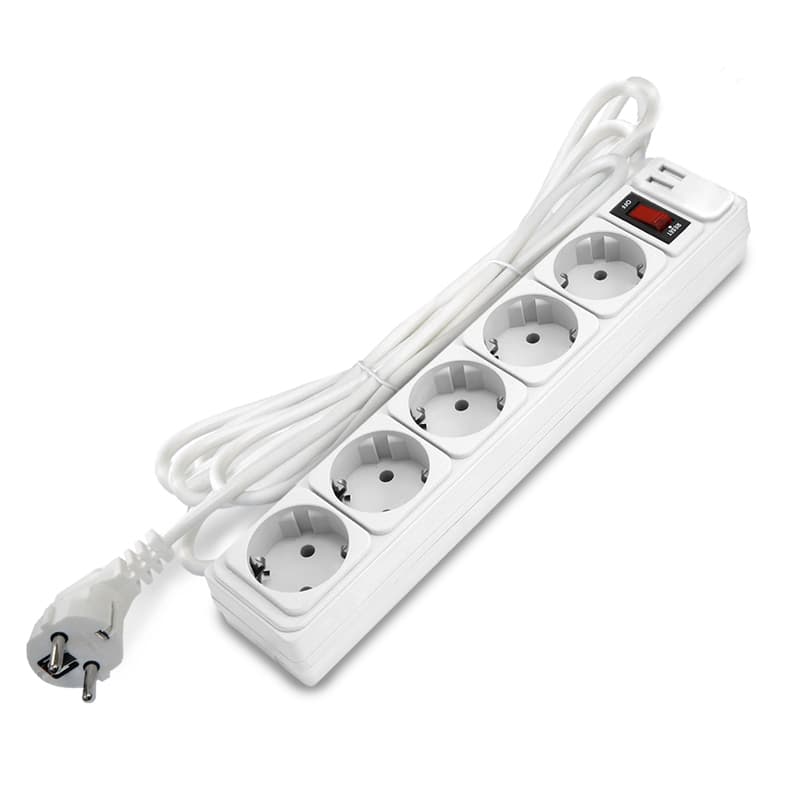 Фильтр-удлинитель 5 гнезд с USB type-A + type-A, ПВС 3*1, 10А/2,2кВт, выключатель с индикацией, с заземлением, белый, 3 метра DOMTOK