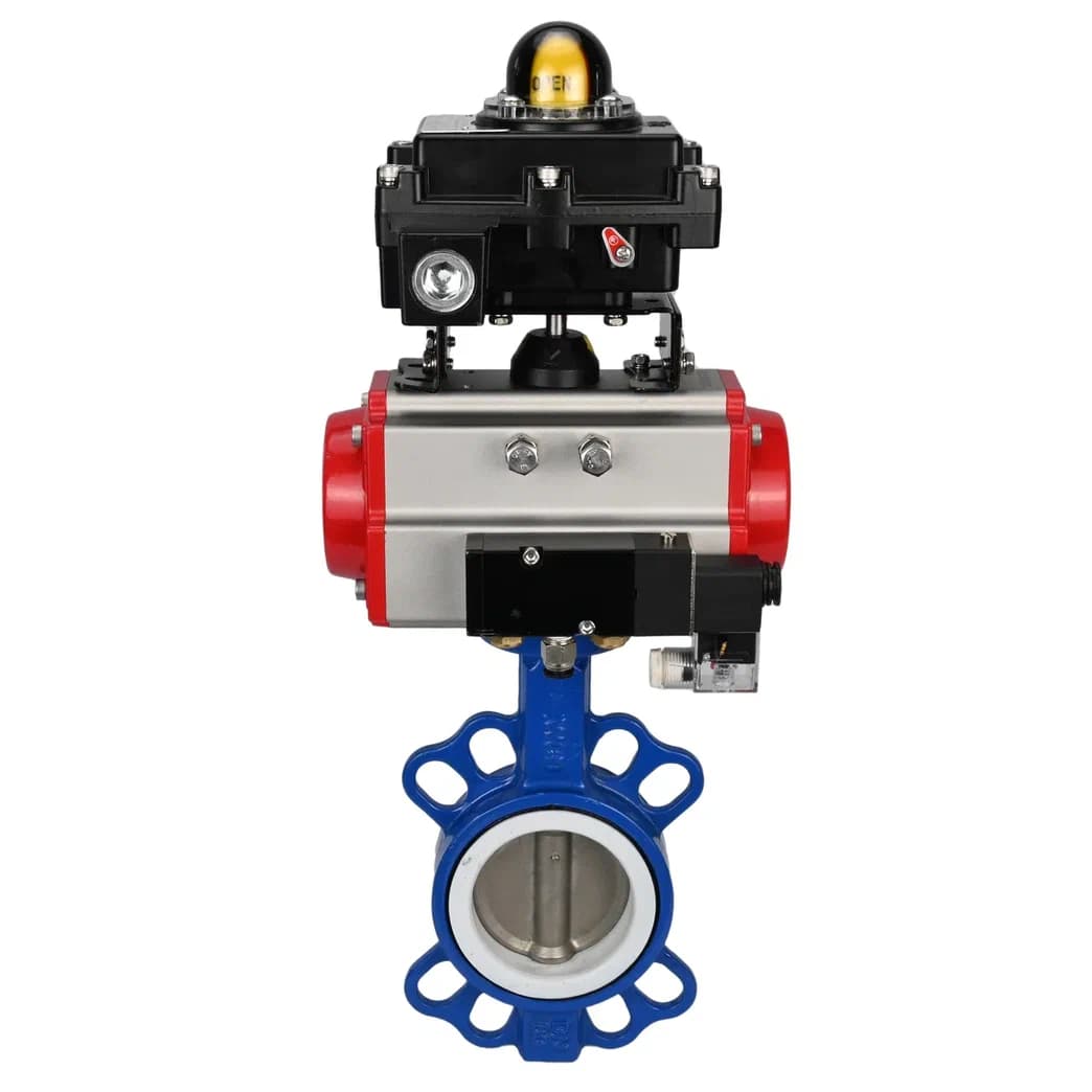 Затвор дисковый поворотный WCB-316L-PTFE Ду80 Ру16, корпус углеродистая сталь WCB, диск нержавеющая сталь 316L, уплотнение PTFE, с пневмоприводом SA-105, с пневмораспределителем PND1-S2EM-52-2-T10-220VAC, с БКВ LSB-210-02NM12-220/24