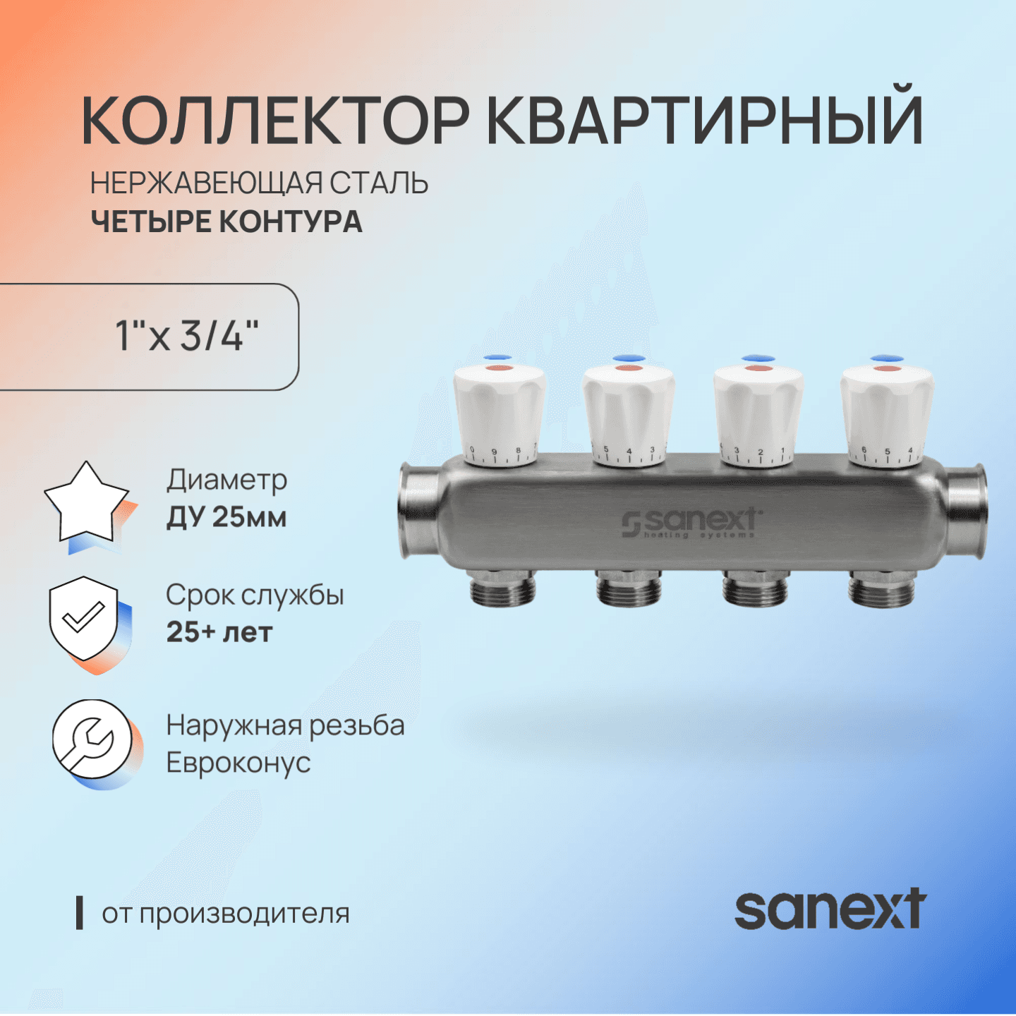 Коллектор Квартирный ВР 1'х 4 контура НР 3/4' евроконус