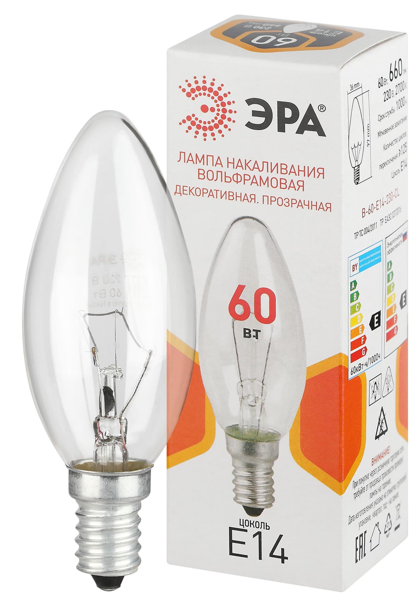 Лампа накаливания B-60-E14-230-CL 60Вт 230В свеча прозрачная цветная коробка Е14