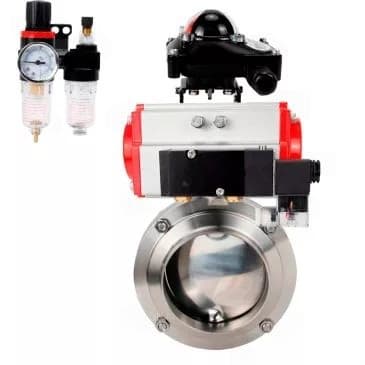 Затвор дисковый поворотный 304-304-EPDM-2W-T-H Ду80 Ру10 пищевая нержавеющая сталь 304, уплотнение EPDM, с пневмоприводом SA-083, пневмораспределителем PND2-S1EM-52-1NC-J08-24VDC, БКВ LSB-210-02NM12-220/24 и БПВ APU1-10-40-V08