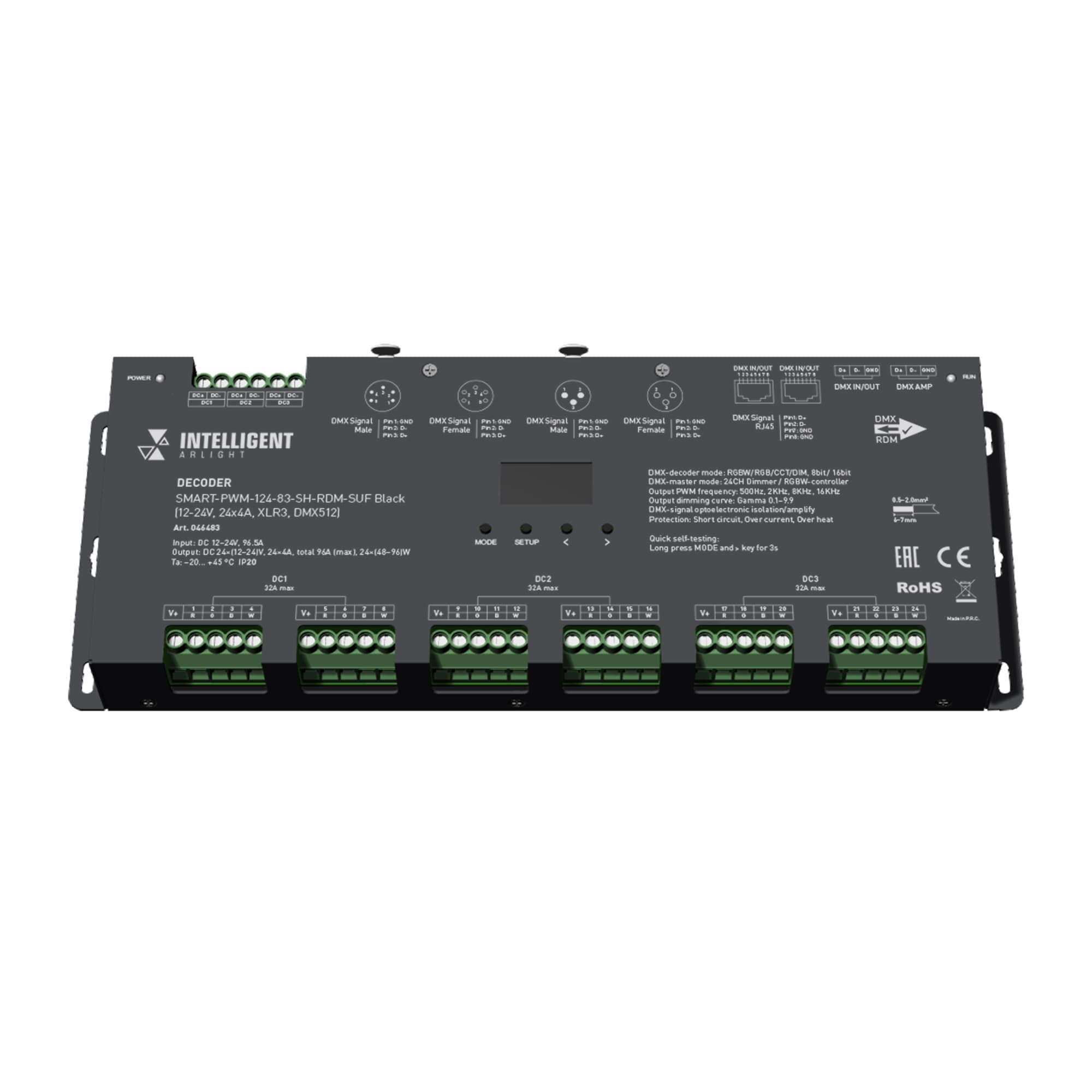 Декодер INTELLIGENT SMART-PWM-124-83-SH-RDM-SUF Black (12-24V, 24x4A, XLR3, DMX512) (ARL, IP20, Металл, 5 лет)