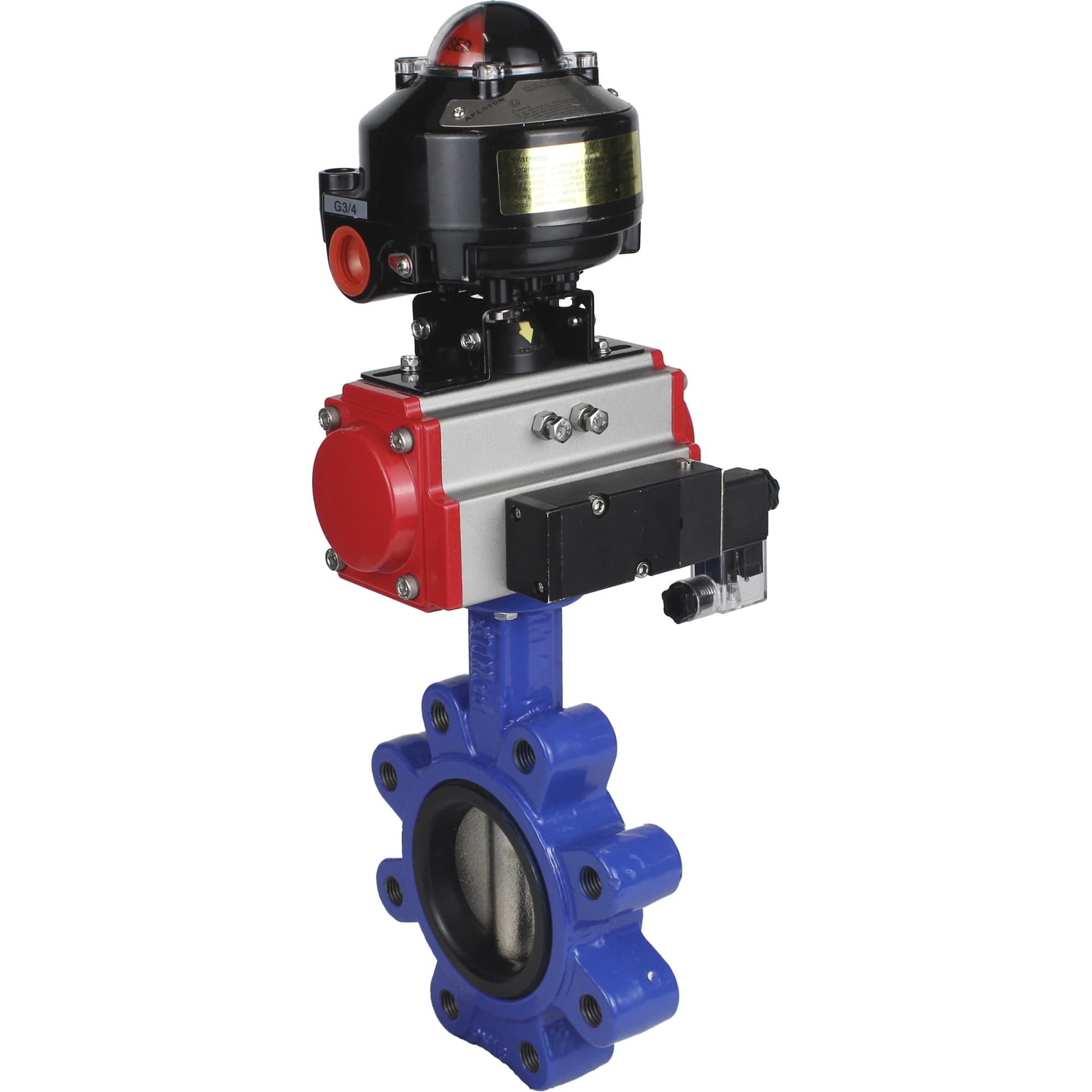 Затвор дисковый поворотный QT450-QT450-NBR-2W-Fb-H Ду50 Ру16 корпус и диск чугун QT450, уплотнение NBR, пневмопривод SA-083, пневмораспределитель PND2-S1EM-52-1NC-J08-220VAC и БКВ LSB-510-02ExM12-250