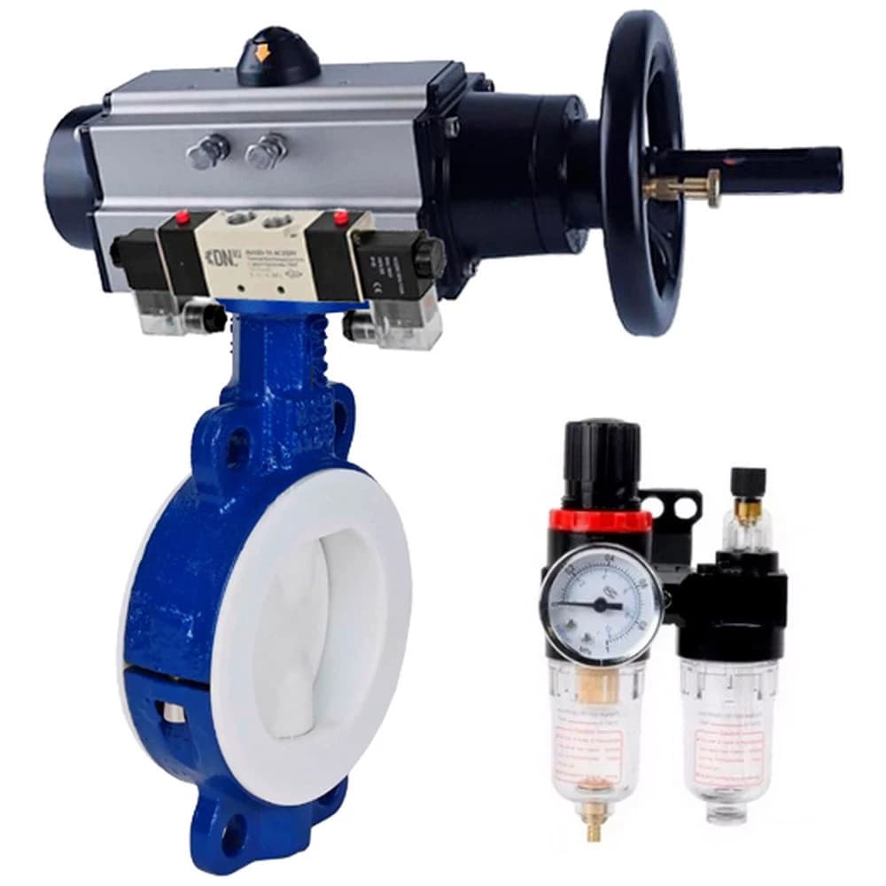 Затвор дисковый WCB-WCB-PTFE-PTFE-Fb-H Ду125 Ру16, корпус углеродистая сталь WCB, диск углеродистая сталь WCB, футерованный PTFE, уплотнение PTFE, пневмопривод DA-105-1, пневмораспределитель PND1-S2EM-52-2-T08-220VAC, БПВ APU1-10-40-V08
