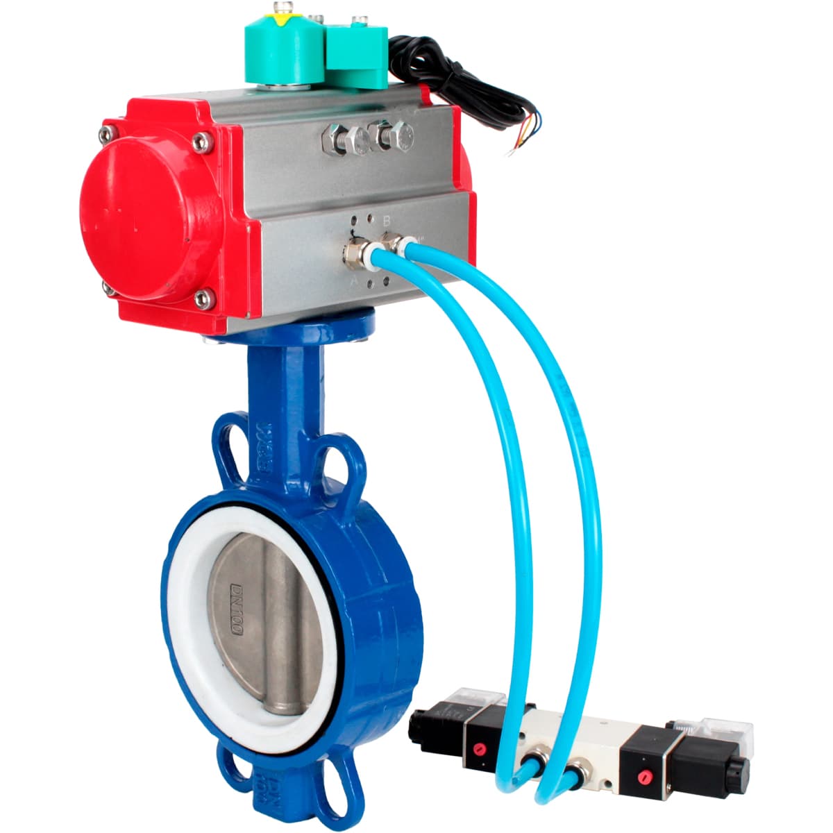 Затвор дисковый поворотный WCB-316L-PTFE Ду40 Ру16 корпус углеродистая сталь WCB, диск нерж. сталь 316L, уплотнение PTFE, с пн.приводом DA-083, пн.распределителем PND1-S2EM-52-2-T10-220VAC и магнитным переключателем МППП-200