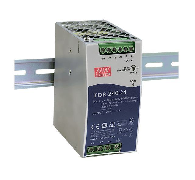 Блок питания AC-DC, 240Вт, ККМ, 3-х фазный, вход 340-550В AC, 47-63,480-780В DC, выход 24В,10A, рег. вых 24-28В, в кожухе на DIN-рейку