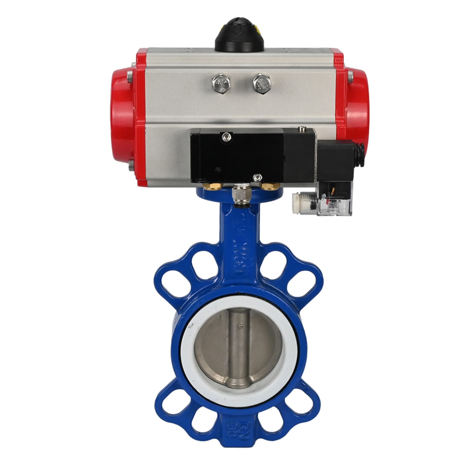 Затвор дисковый поворотный WCB-316L-PTFE Ду50 Ру16, корпус углеродистая сталь WCB, диск нержавеющая сталь 316L, уплотнение PTFE, с пневмоприводом SA-105 и пневмораспределителем PND2-S1EM-52-1NC-J08-24VDC