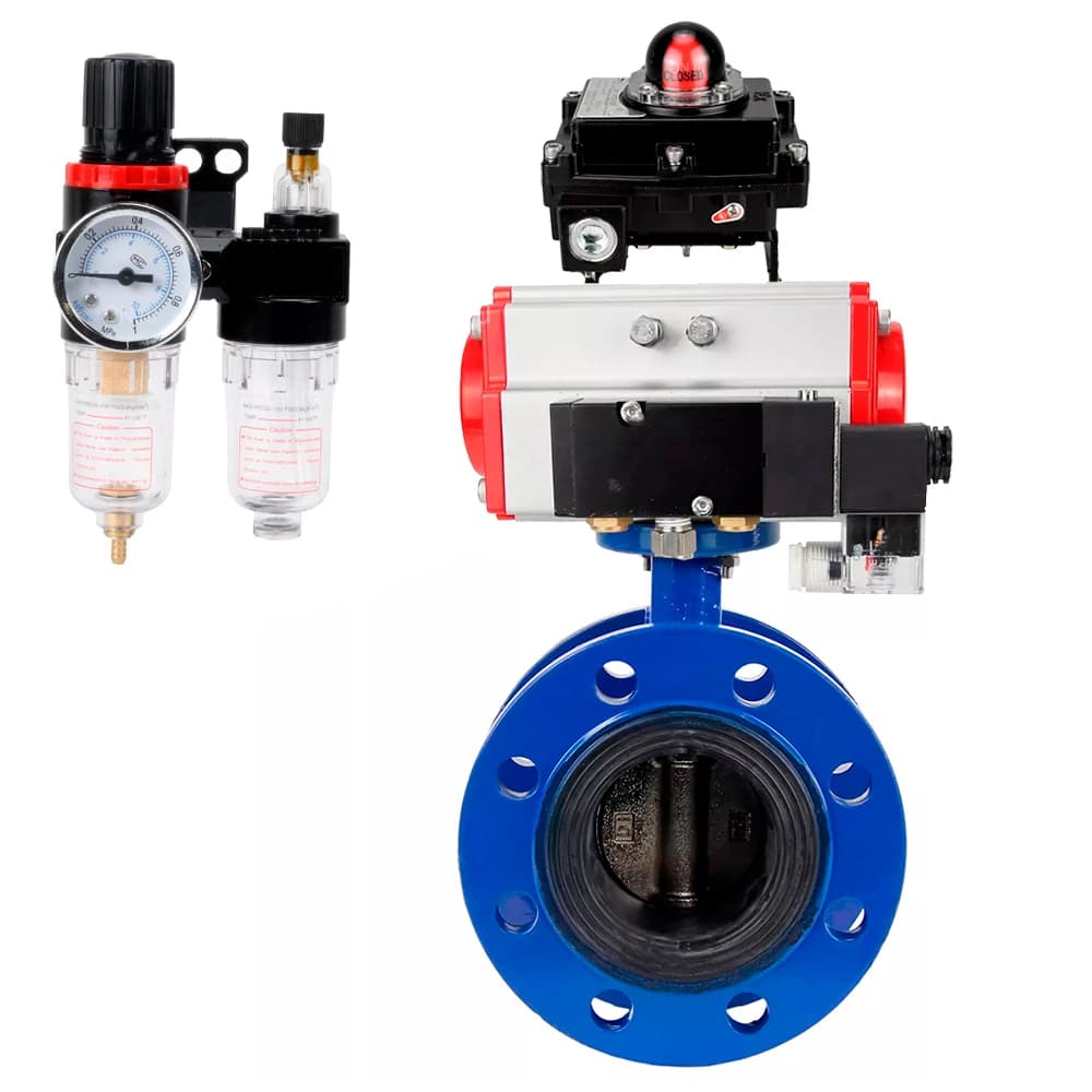 Затвор дисковый поворотный GGG40-304-EPDM-2W-F-H Ду150 Ру16 чугун GGG40, диск нержавеющая сталь 304, уплотнение EPDM, пневмопривод SA-160, пневмораспределитель PND2-S1EM-52-1NC-J08-220VAC, БКВ LSB-410-02ExM12-250 и БПВ APU1-10-40-V08