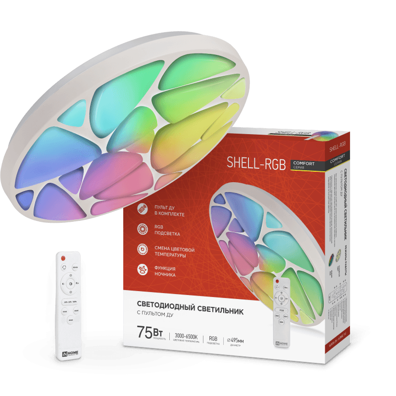 Светильник светодиодный COMFORT SHELL-RGB 75Вт 230В 3000-6500K 6000Лм 500x80мм с пультом ДУ IN HOME