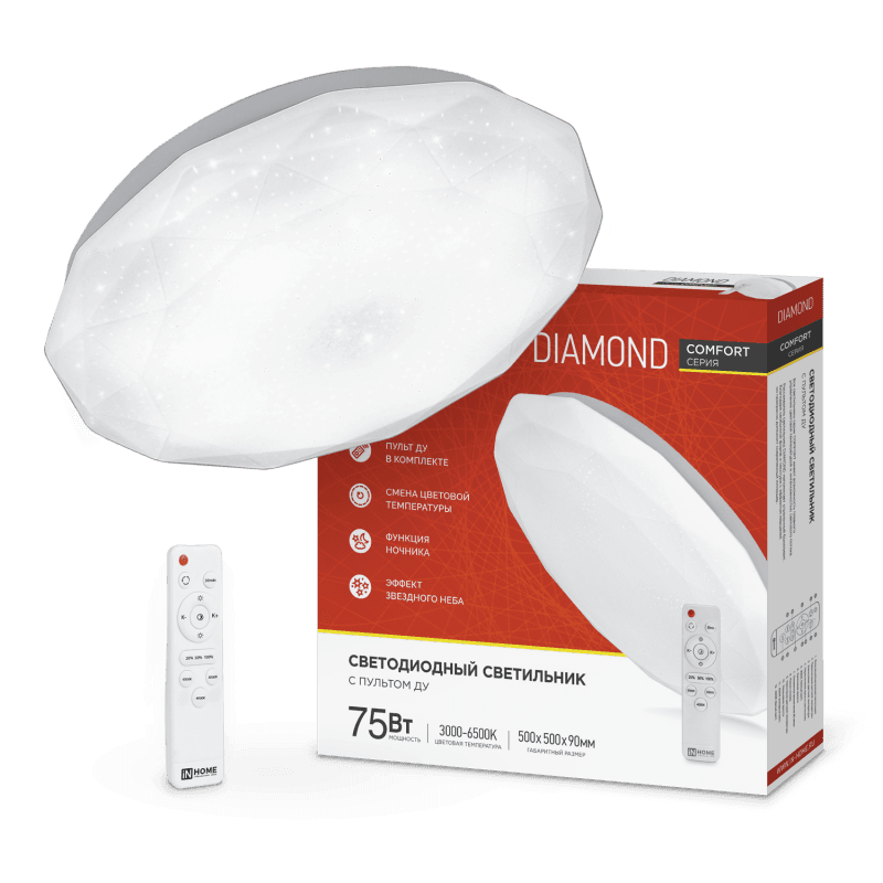 Светильник светодиодный COMFORT DIAMOND 75Вт 230В 3000-6500K 6000Лм 500x105мм с пультом ДУ IN HOME