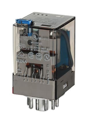Реле универсальное электромеханическое, монтаж в розетку 11-штырьковый разъем, 3CO 10A, контакты AgNi+Au, катушка 60В DC, степень защиты RTI, опции: кнопка тест + мех.индикатор