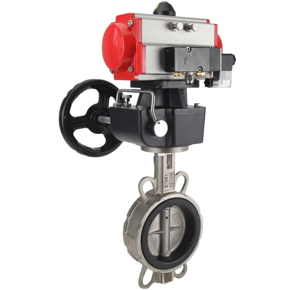 Затвор дисковый поворотный 316L-316L-VITON Ду100 Ру16, корпус и диск нержавеющая сталь 316L, уплотнение Viton, пневмопривод DA-083 двойного действия, пневмораспределитель PND1-S2EM-52-2-T08-220VAC, с ручным дублером HDM-2