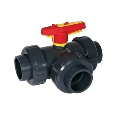 Кран шаровой S4 3W T-ball DN25 PVC темно-серый, PVCu клеевая муфта D32 metric PN16 EPDM PTFE отд. уп